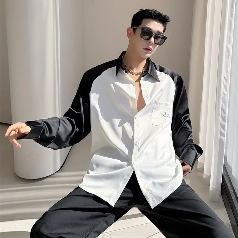 Contrast Color Spliced Pocket Embroidery Shirt