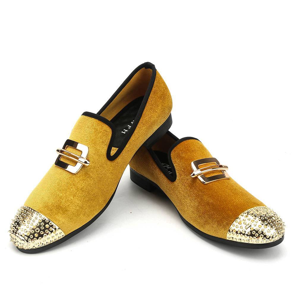Yellow Gold Velvet with Rivets Toe Men Loafers Shoes