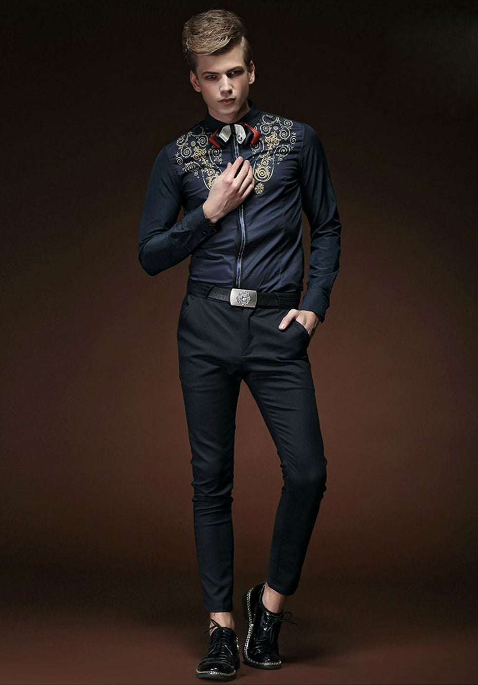 Royal Floral Pattern on Upper Chest Men Slim Fit Dandy Shirt