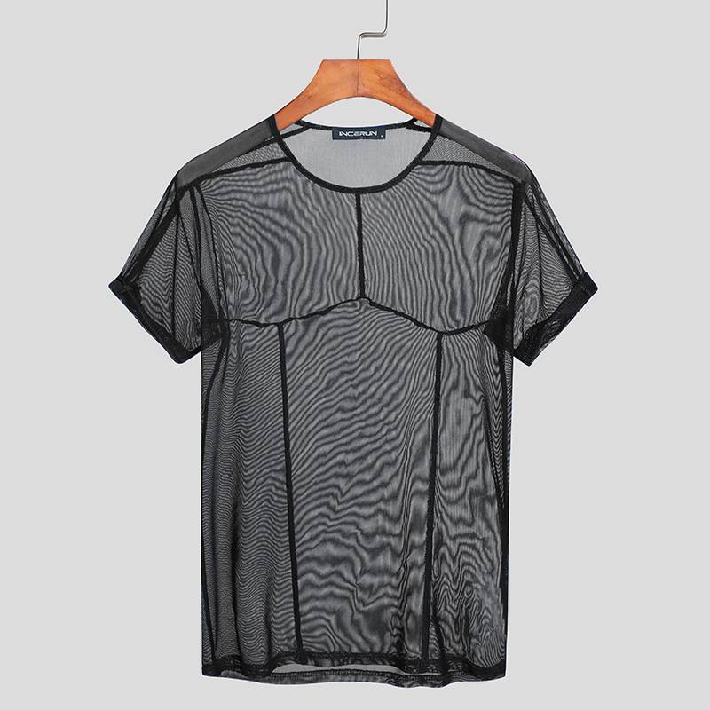 Lines Sewing Decorated O-Neck Transparent T-Shirt