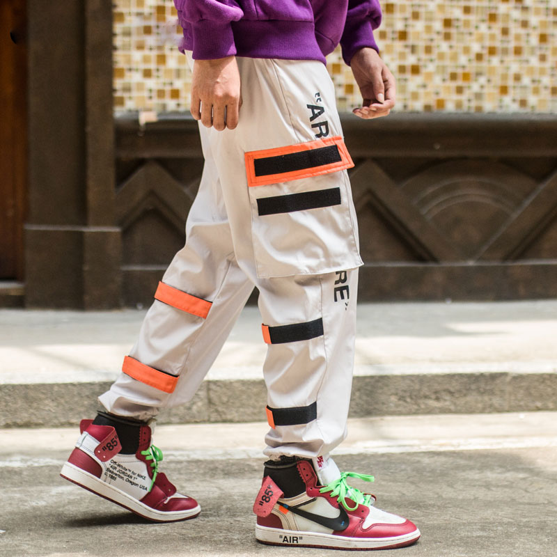 Orange Side Pockets Cargo Hip Hop Casual Men Streetwear Pants
