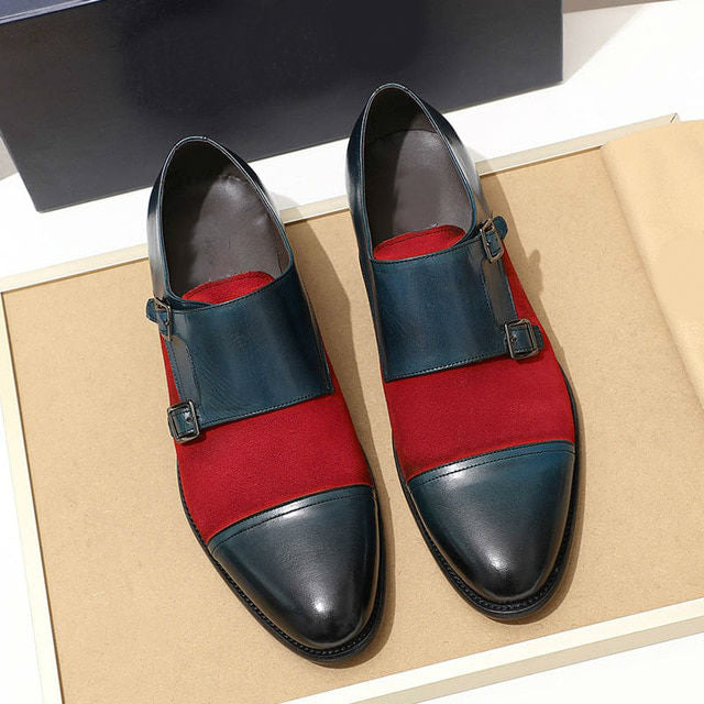 Cap Toe Double Monk Strap Leather and Suede Combination Men Shoes - FanFreakz
