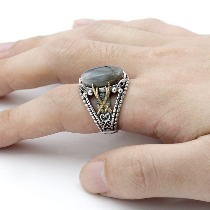 Sterling Silver Ocean Agate Stone Vine Punk Style Men Fashion Ring