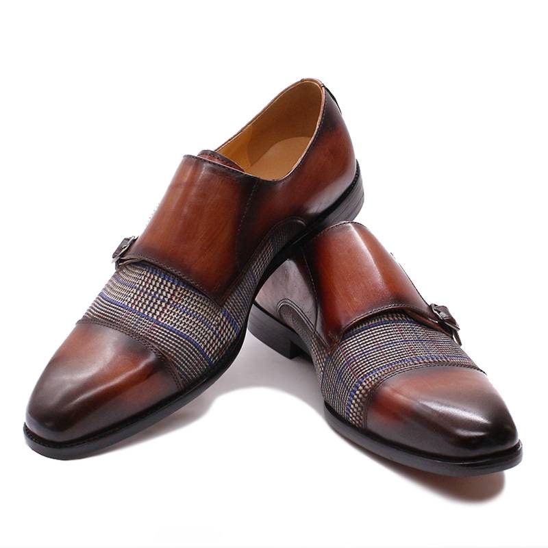 Plaids Patchwork Leather Double Monk Strap Pointed Toe Men Shoes
