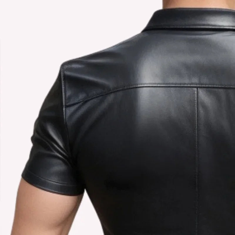 Solid Black Leather Zipper Shirt