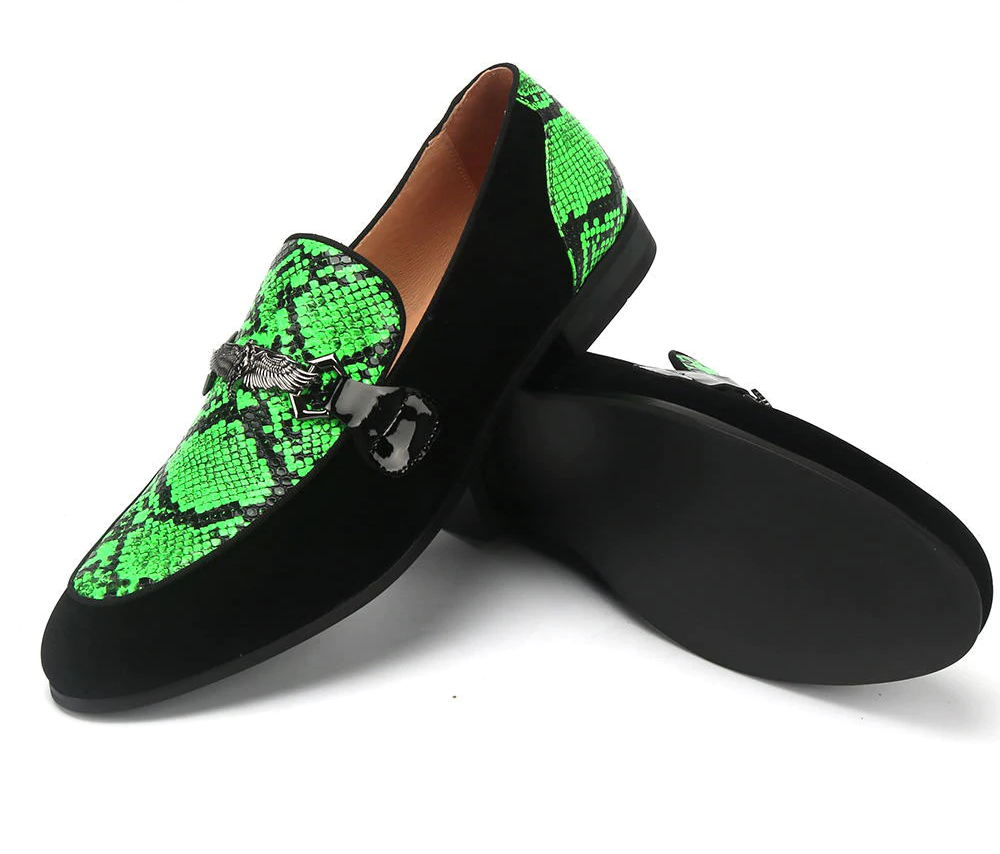 Black Green Snake Pattern Men Loafers Shoes