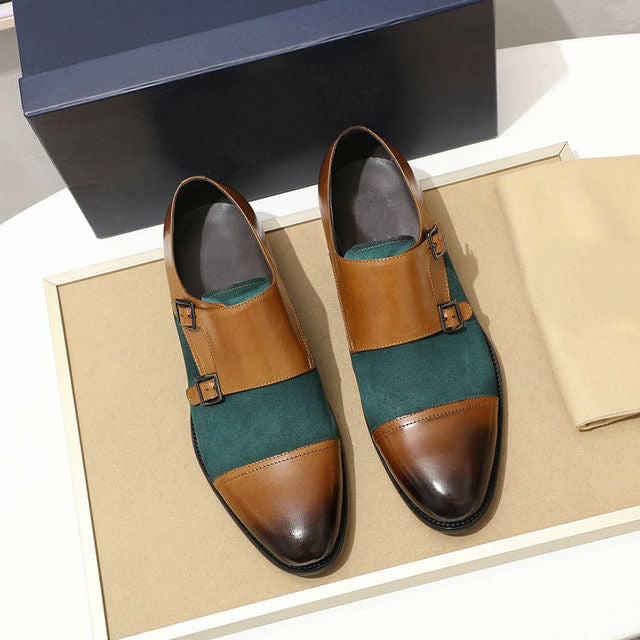 Cap Toe Double Monk Strap Leather and Suede Combination Men Shoes - FanFreakz