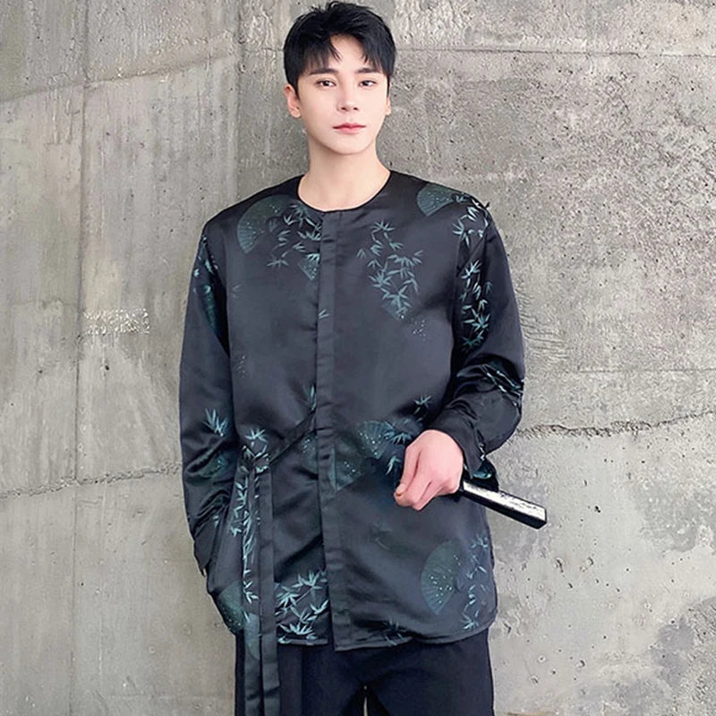 Solid Silk Printed Lace Up Round Collar Shirt