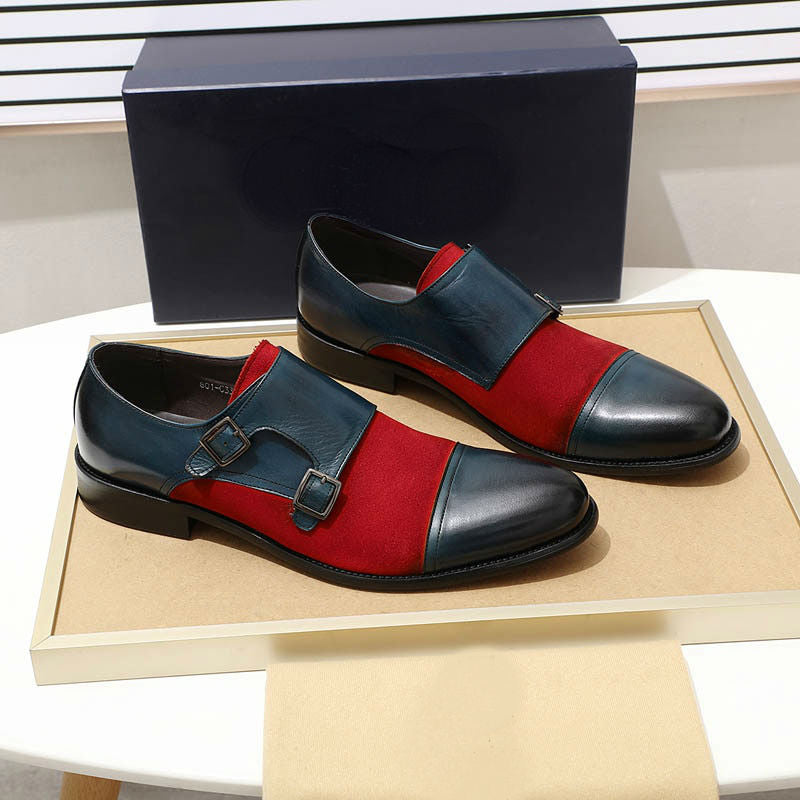 Cap Toe Double Monk Strap Leather and Suede Combination Men Shoes - FanFreakz