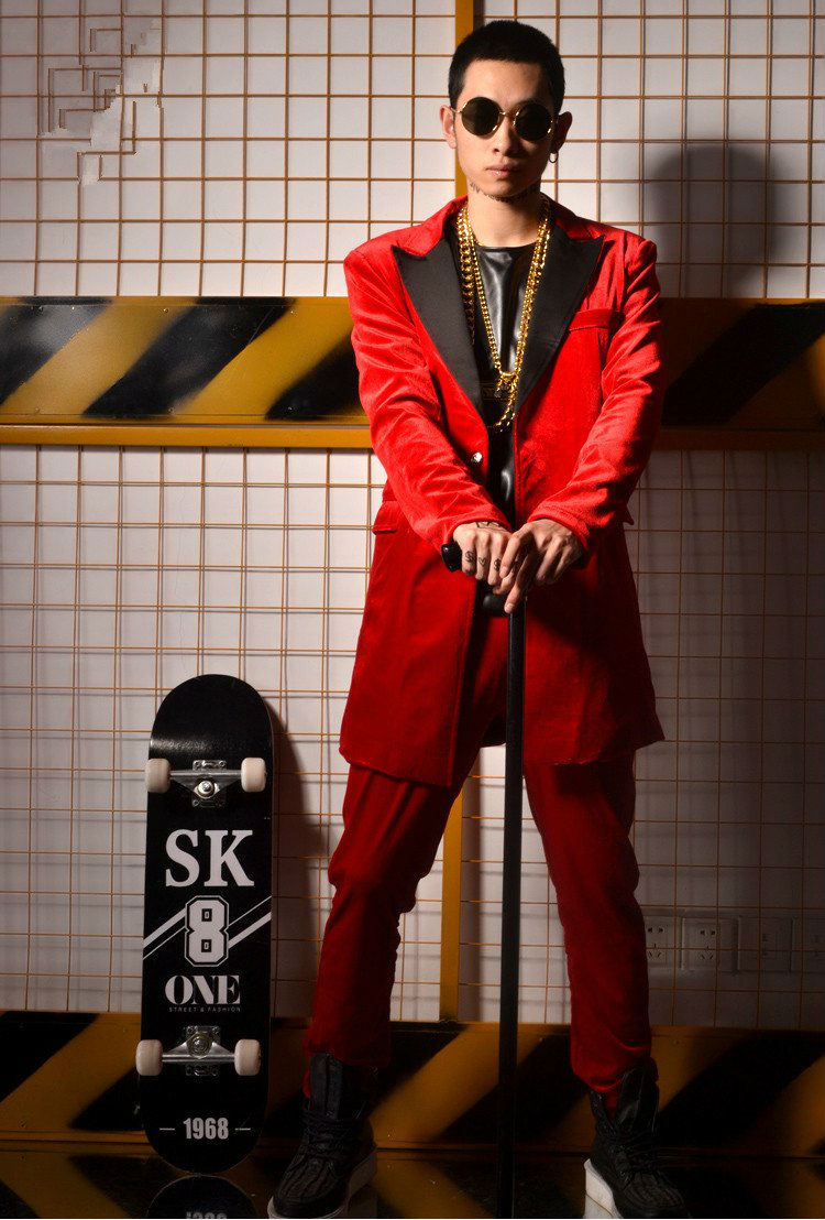 Red Velvet White Lapel Men Long Blazer with Pants Optional For Stage Performance