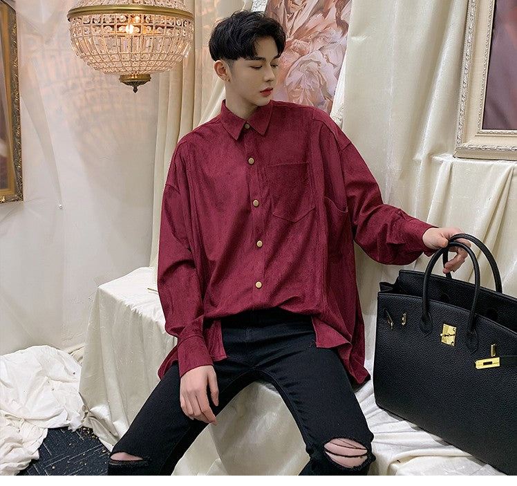 Solid Vintage Oversized Loose Long Sleeve Men Shirt