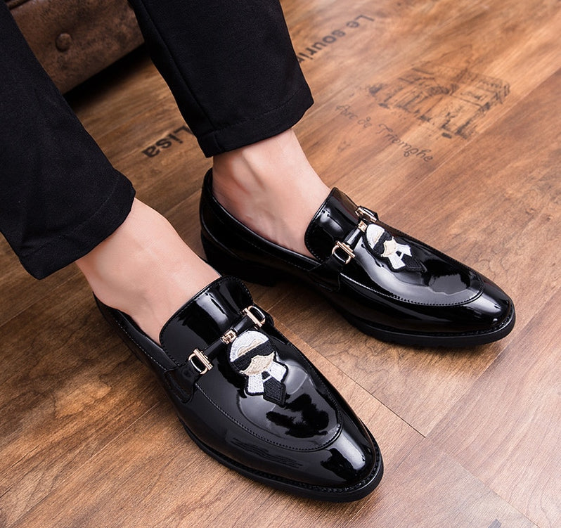 Owl and Lafayette Patch Embroidery Patent Leather Men Shoes