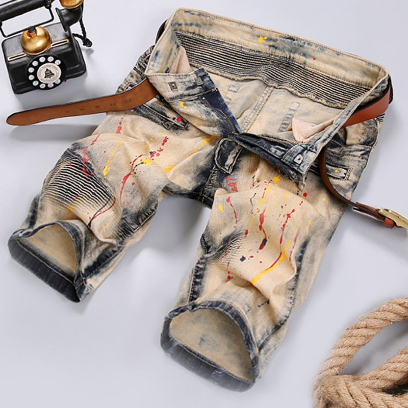 Biker Denim Painted Pleated Denim Style Men Shorts