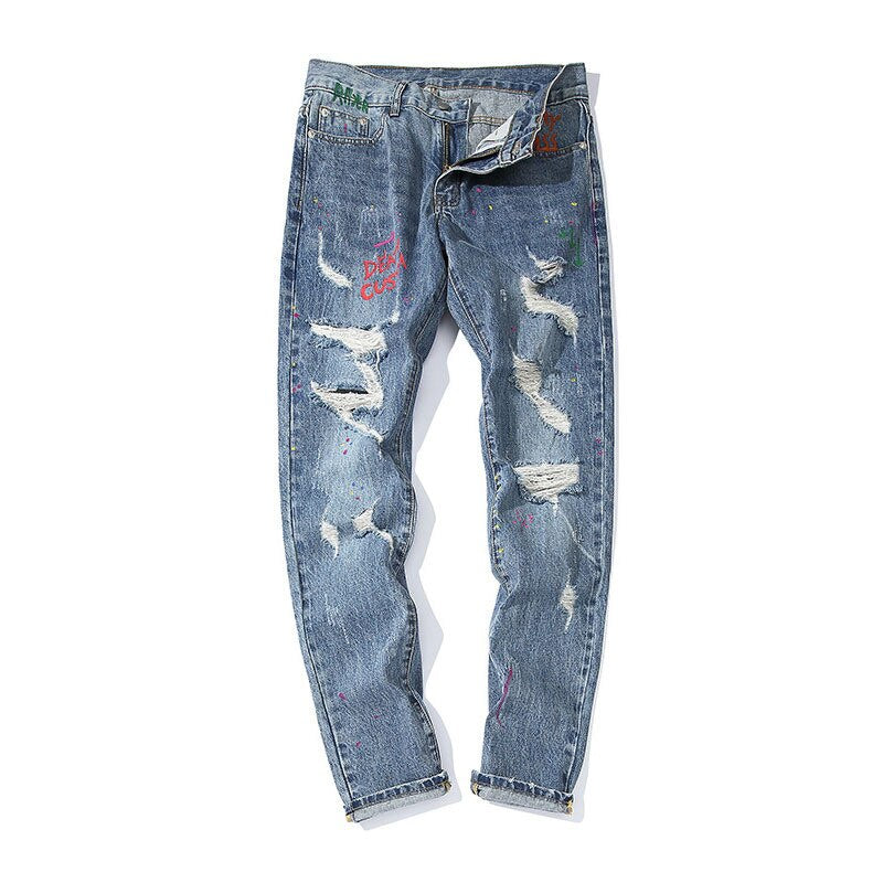 Hip Hop Graffiti Printed Ripped Hole Style Men Jeans