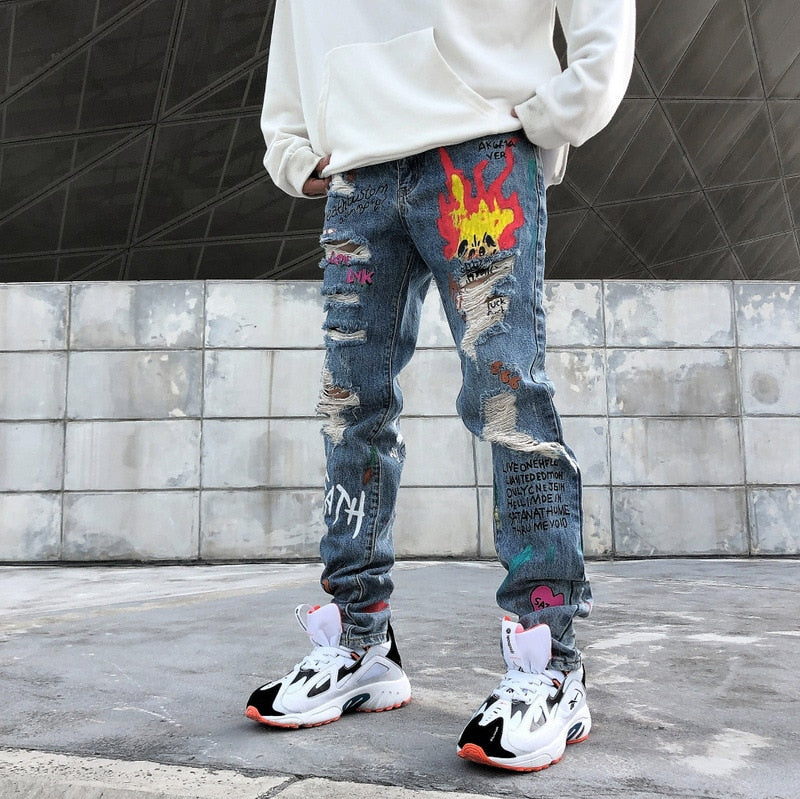 Hip Hop Graffiti Printed Ripped Hole Style Men Jeans