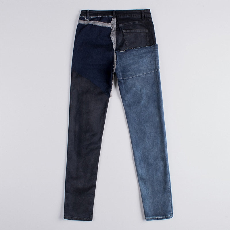 Blue Asymmetry Washed Waxed Patchwork Slim Style Men Jeans