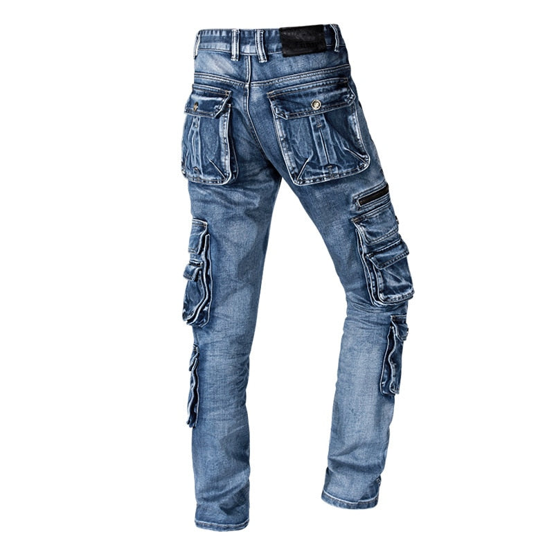 Retro Cargo Multi Pockets Washed Straight Fit Men Jeans