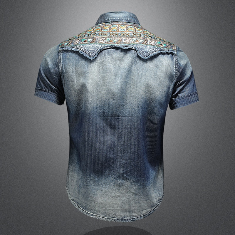 Shoulder Embroidery Patchwork Decorated Shirt