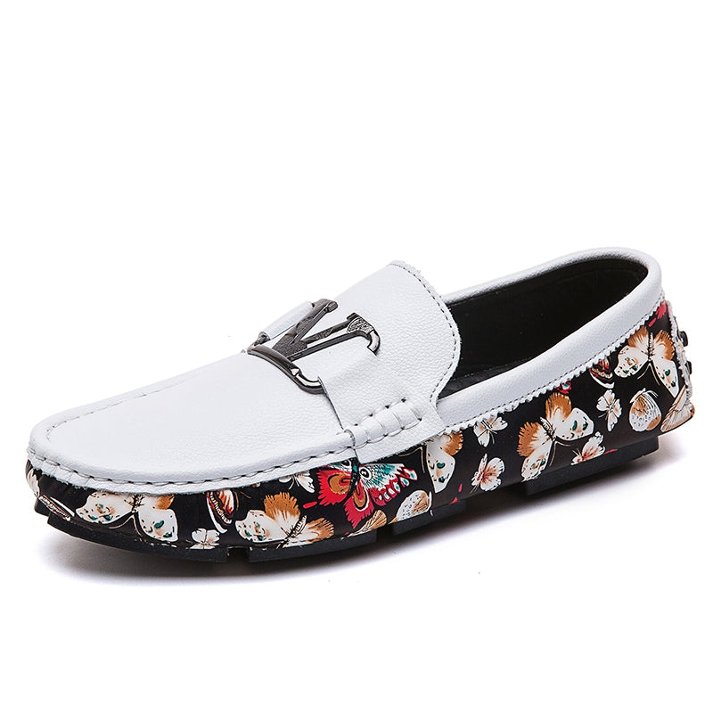 Butterfly Prints Men Leather Metal Buckled Loafers