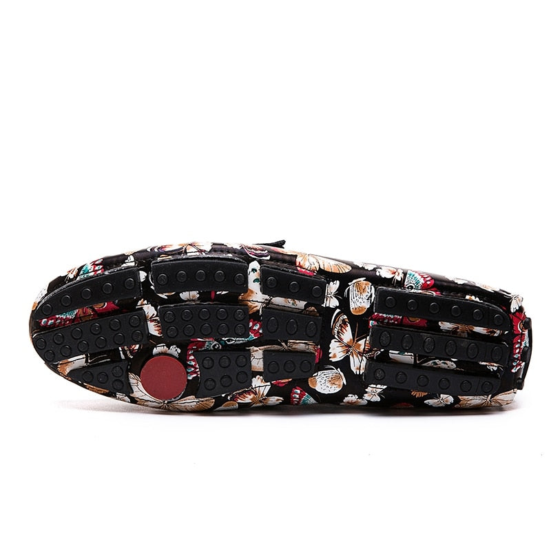 Butterfly Prints Men Leather Metal Buckled Loafers