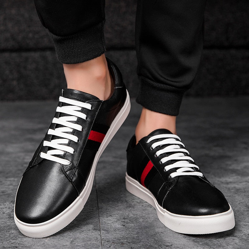 Black with Red Ribbon Casual Genuine Leather Men Sneaker