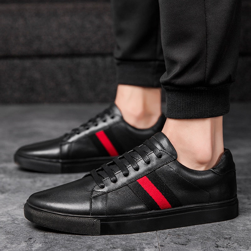 Black with Red Ribbon Casual Genuine Leather Men Sneaker