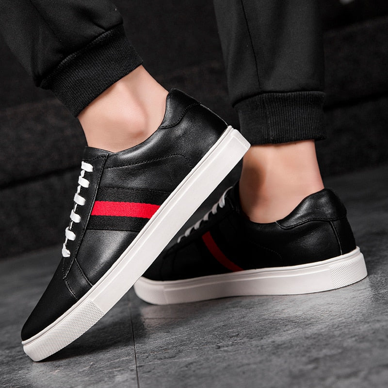 Black with Red Ribbon Casual Genuine Leather Men Sneaker