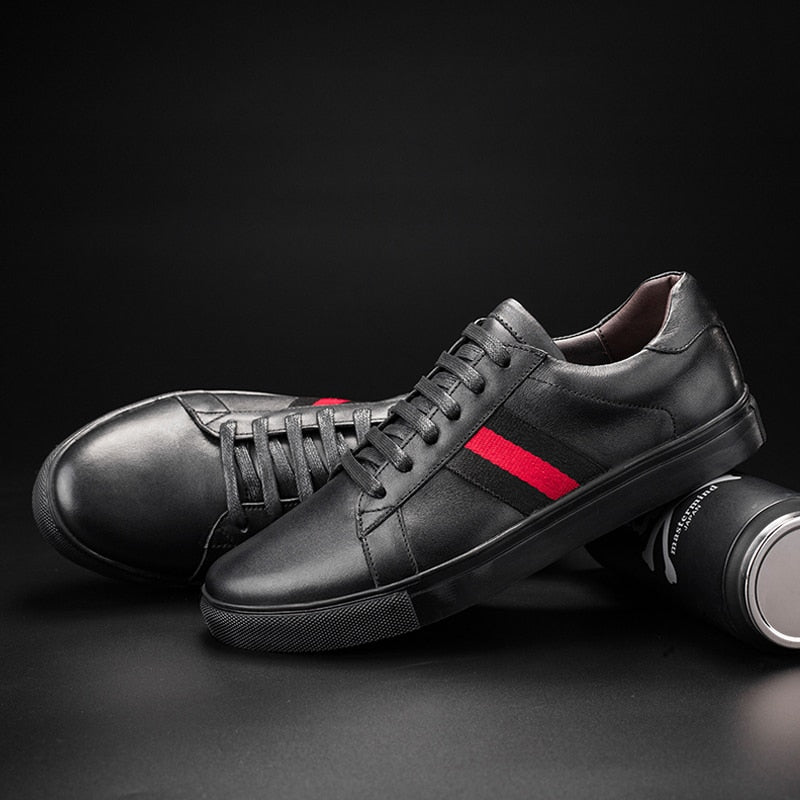 Black with Red Ribbon Casual Genuine Leather Men Sneaker