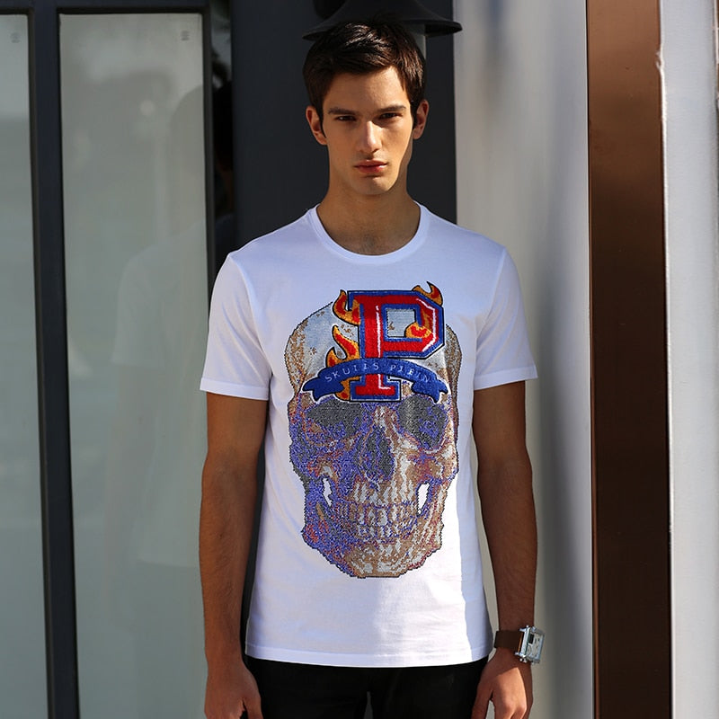 Rhinestones Skull Sillhouette Decorated T-Shirt