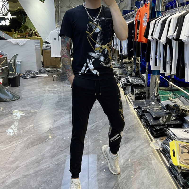 Animal Horse Rhinestones Printed Pants Set