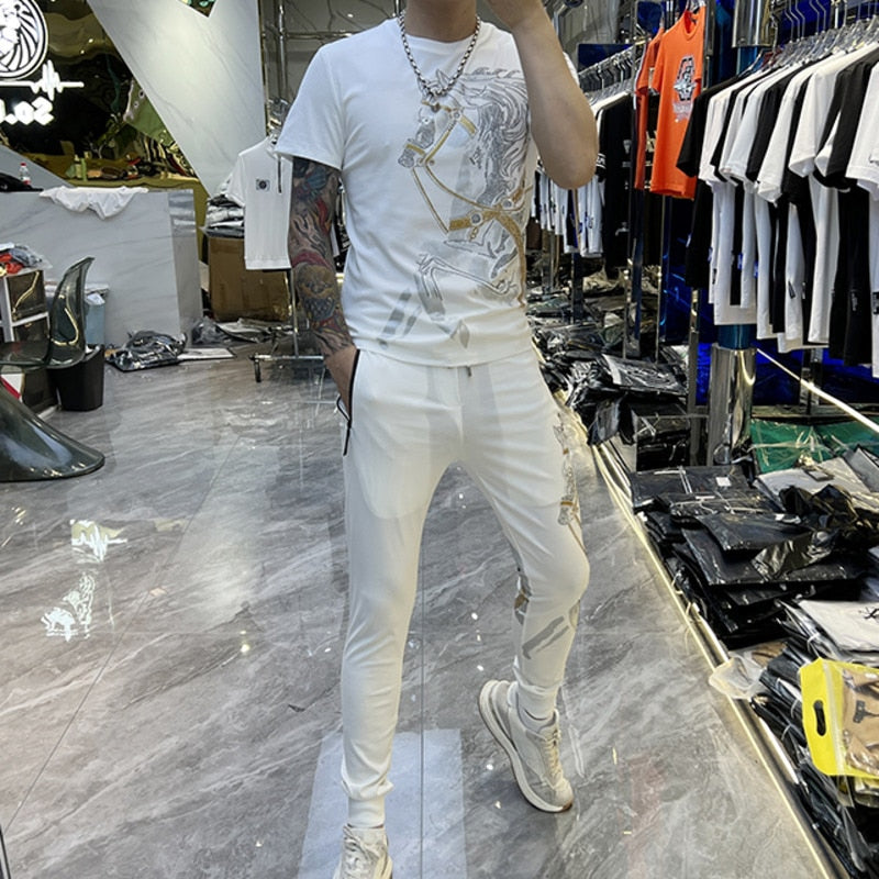 Animal Horse Rhinestones Printed Pants Set