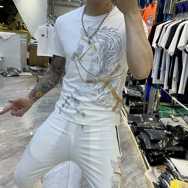 Animal Horse Rhinestones Printed Pants Set