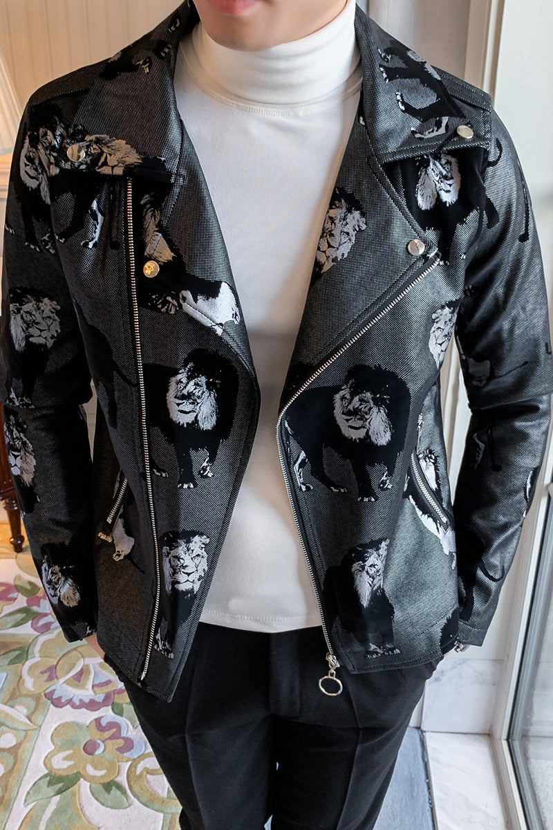 Lion Pattern Print with Zipper Lapel Men Faux Leather Jacket