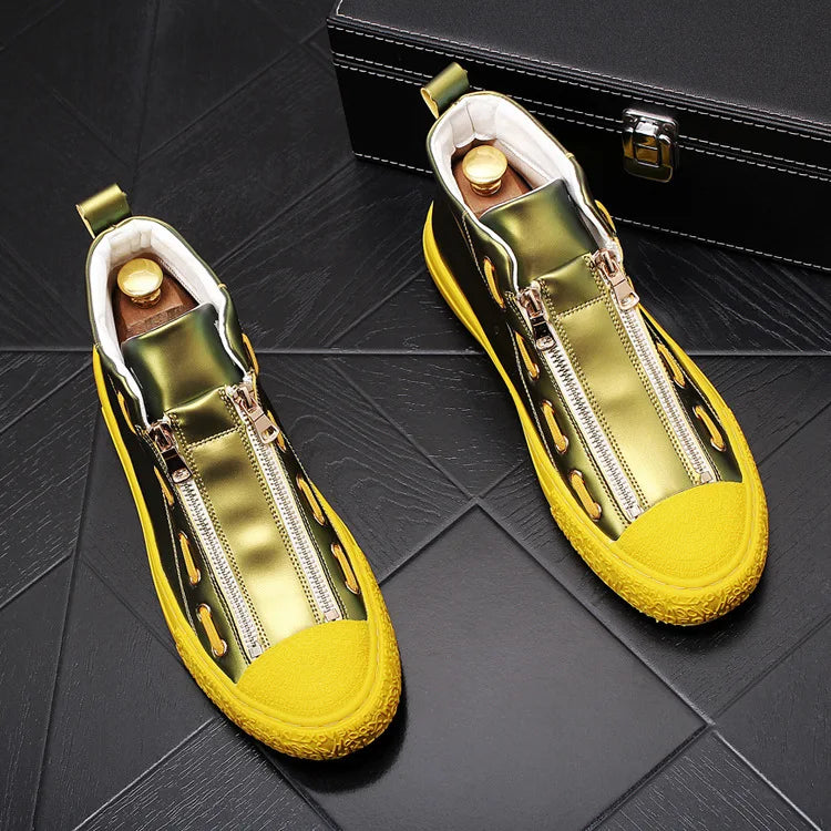 Solid Zipper Leather High-Top Sneakers