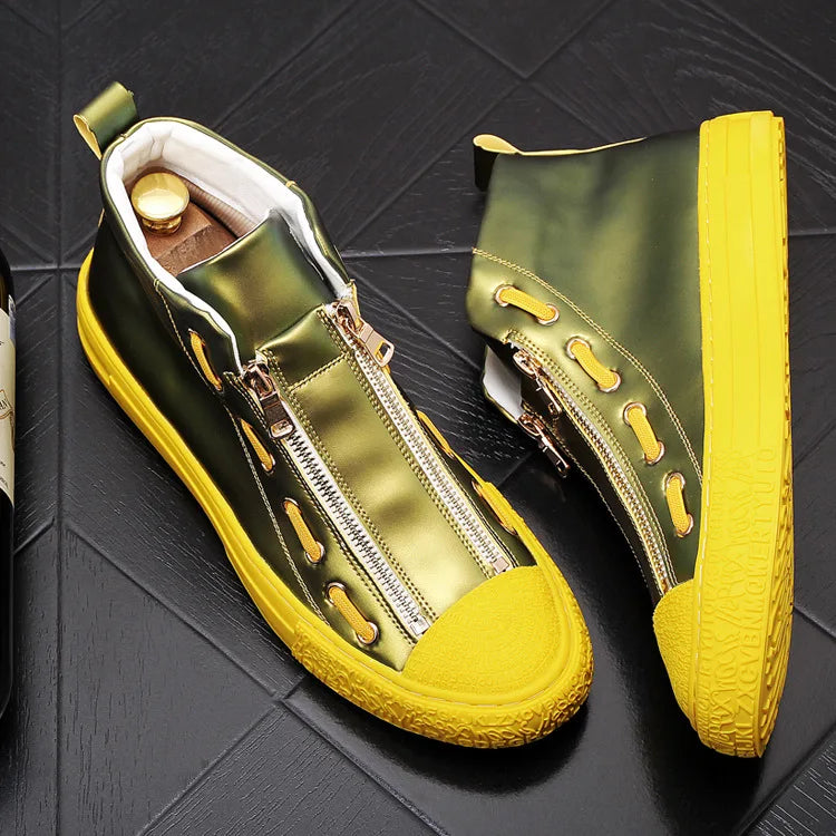 Solid Zipper Leather High-Top Sneakers