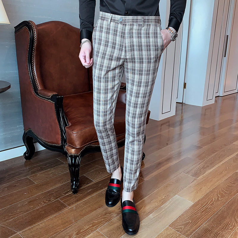 Classic Plaid Patterned Men Slim Formal Trousers