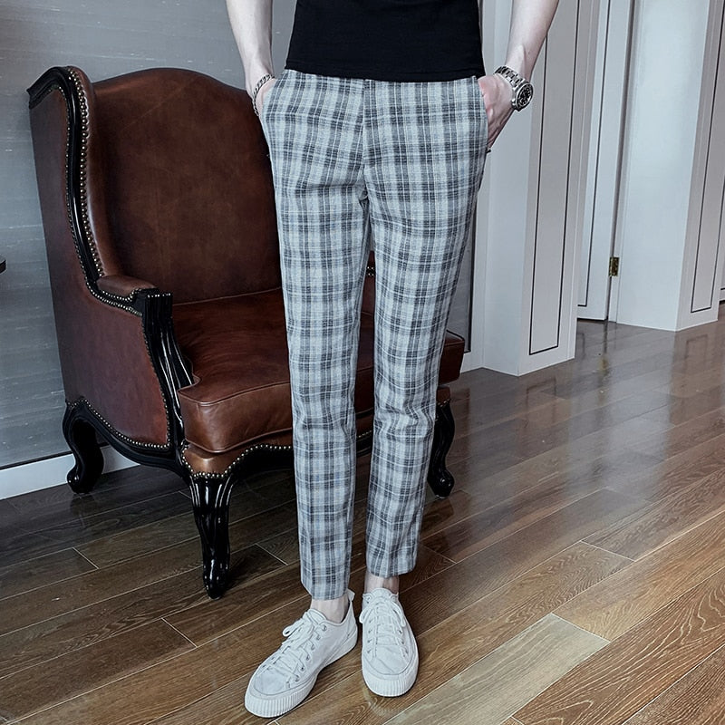 Classic Plaid Patterned Men Slim Formal Trousers