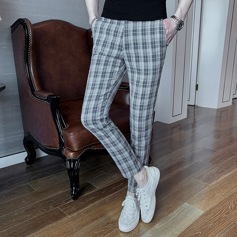 Classic Plaid Patterned Men Slim Formal Trousers