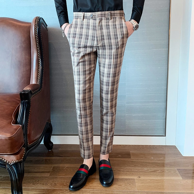 Classic Plaid Patterned Men Slim Formal Trousers