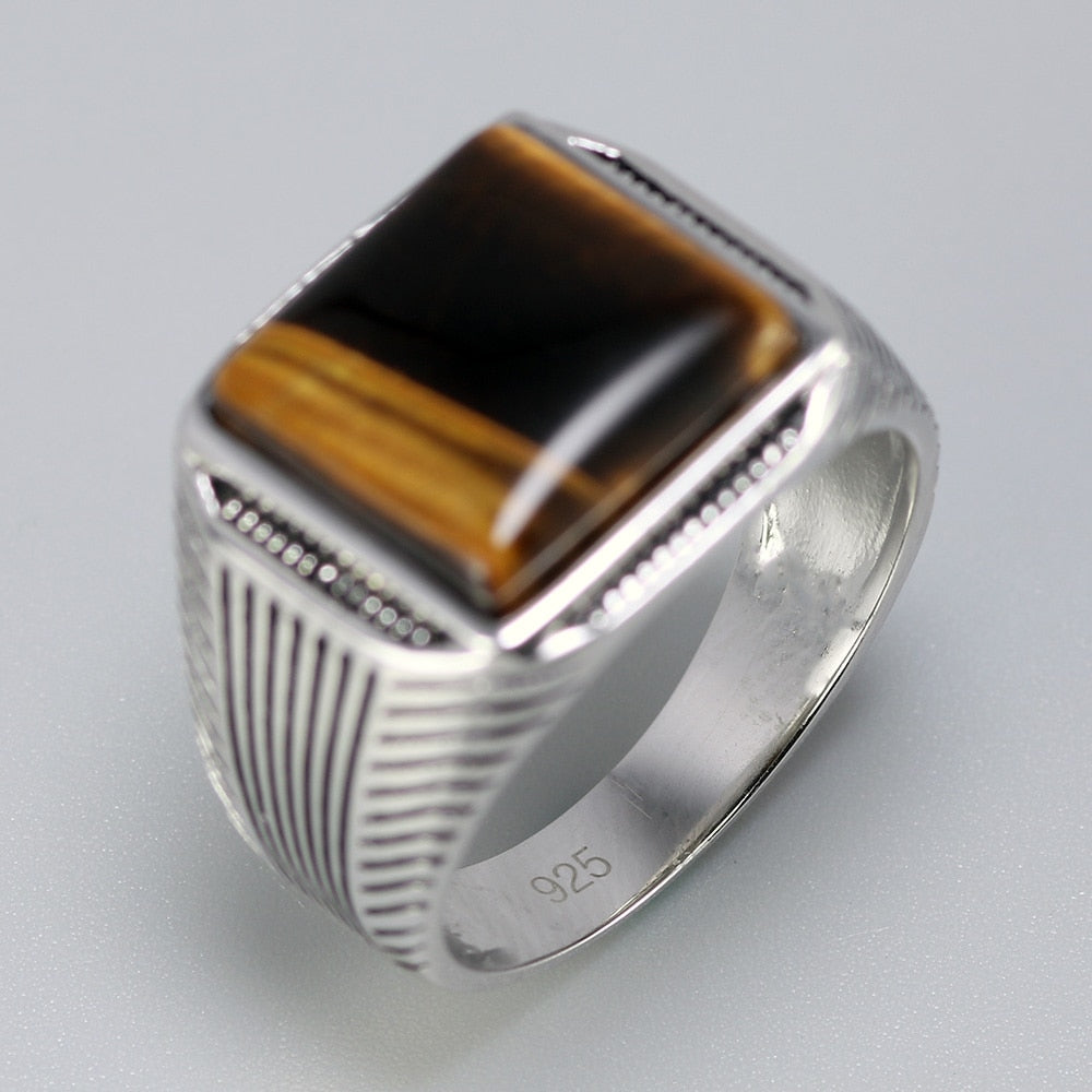 Sterling Silver with Tiger Eyes Fine Stripe Pattern Natural Stone Men Rings