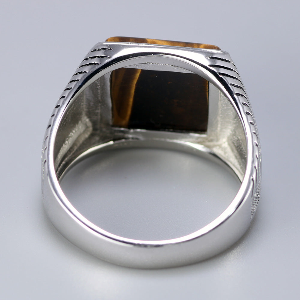 Sterling Silver with Tiger Eyes Fine Stripe Pattern Natural Stone Men Rings