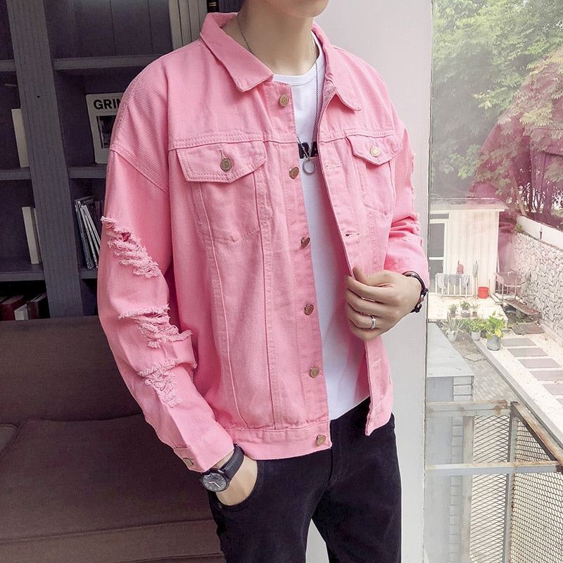 Ripped Sleeves Two Pockets Men Button Closure Denim Jacket