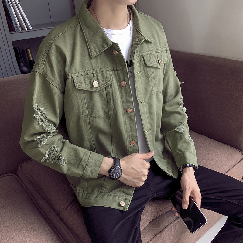 Ripped Sleeves Two Pockets Men Button Closure Denim Jacket