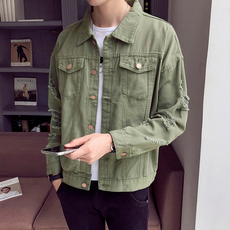 Ripped Sleeves Two Pockets Men Button Closure Denim Jacket