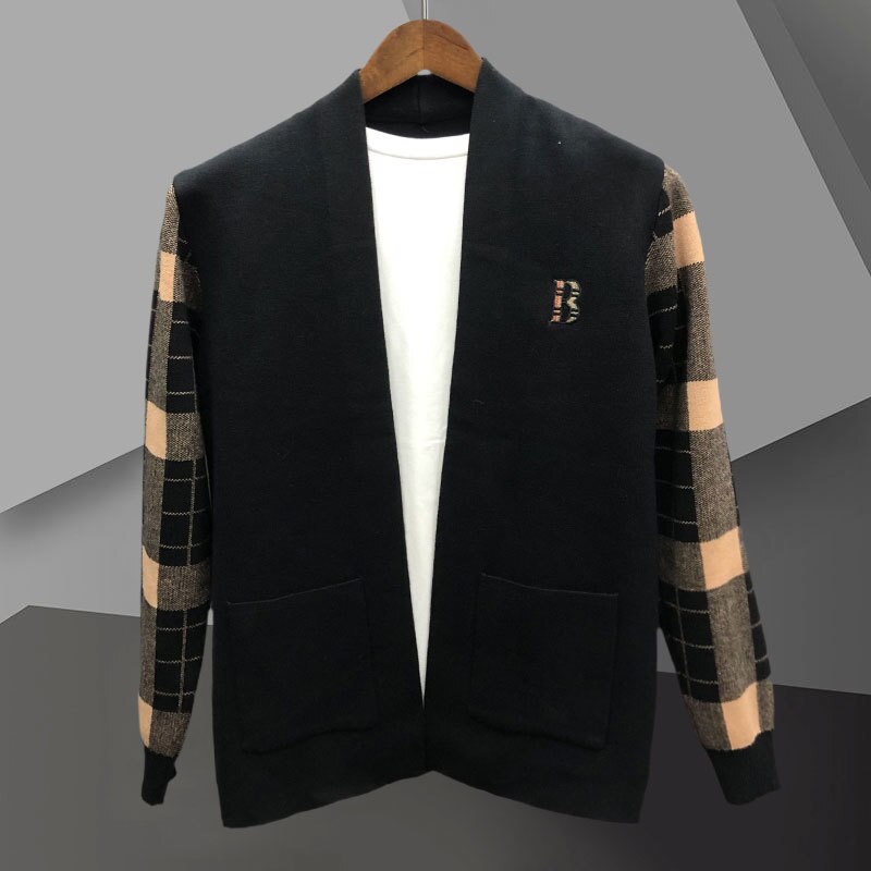 Plaid On-Sleeve Knit Cardigan