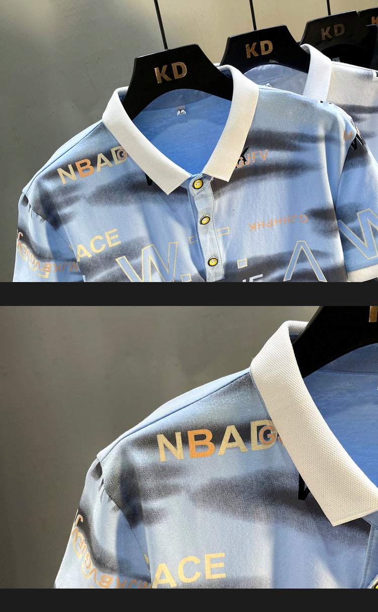 Abstract Tie-Dye Letter Printed Polo Shirt
