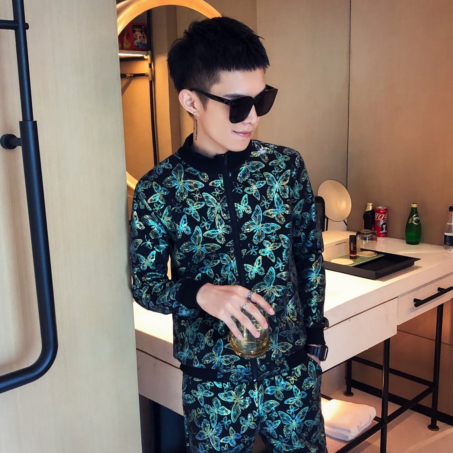 Printed Butterfly Pattern Tracksuit Jacket + Pants Set