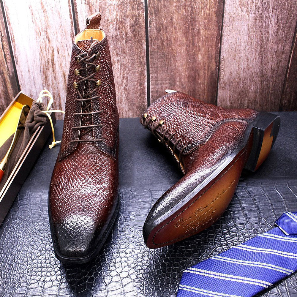 Snake Skin Pattern Leather Mid-Calf Boots