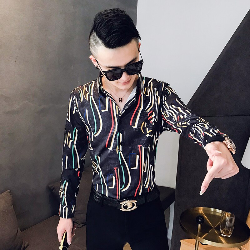 Colorful Thread Print Long Sleeve Slim Fit Casual Style Men Shirts