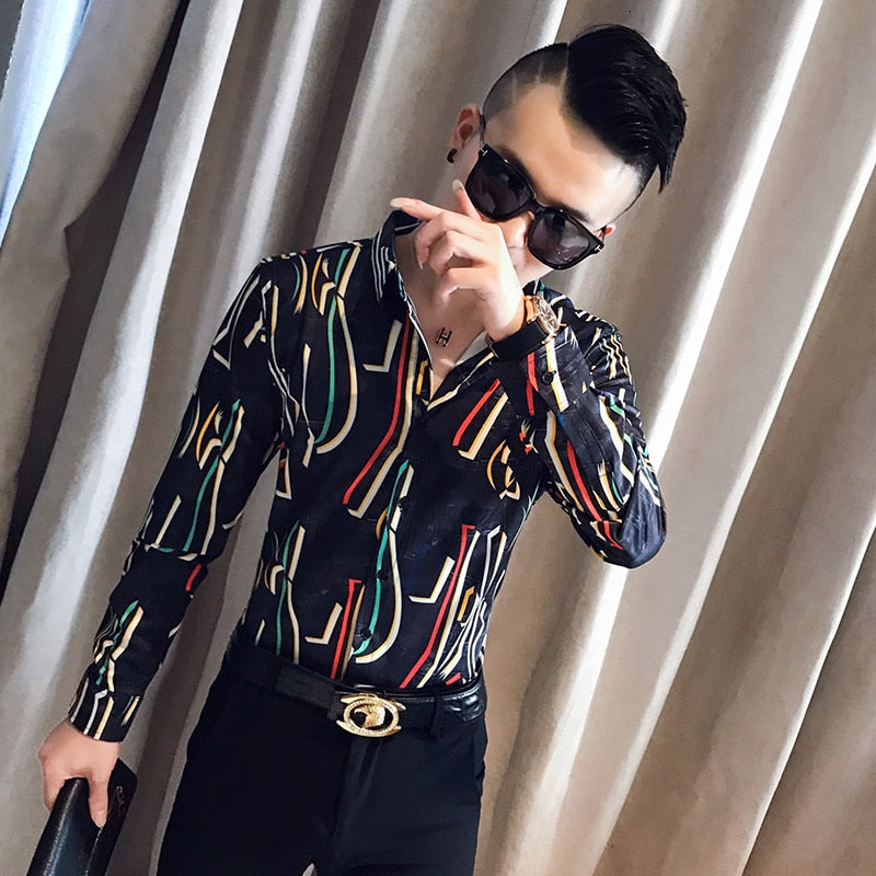 Colorful Thread Print Long Sleeve Slim Fit Casual Style Men Shirts